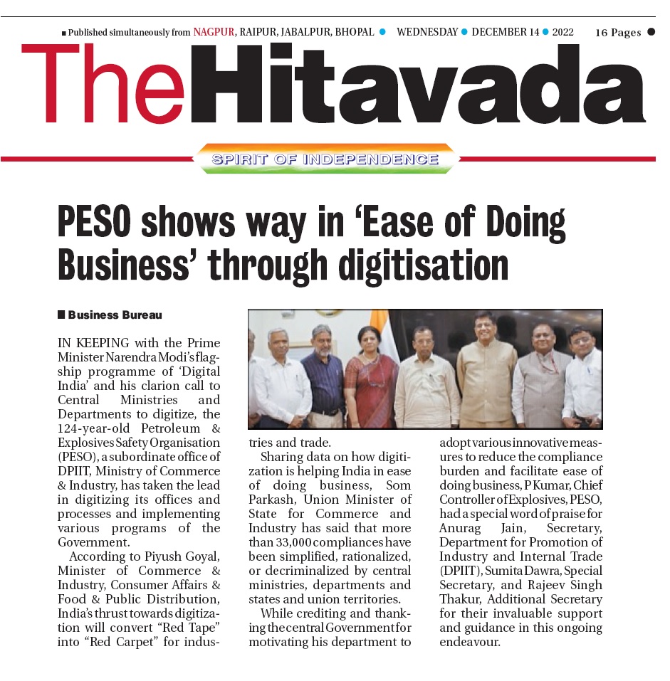 The Hitavada article titled PESO shows way in ease of doing business