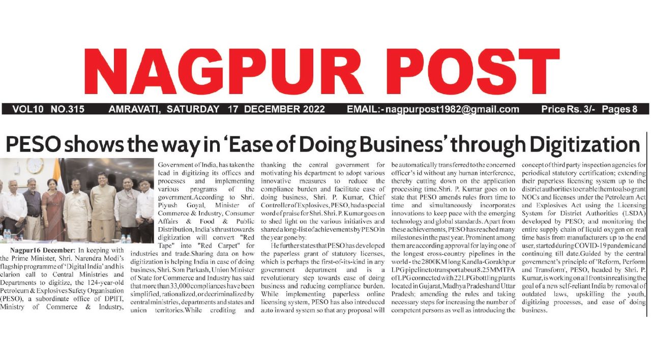 Nagpur Post article on ease of doing business in PESO